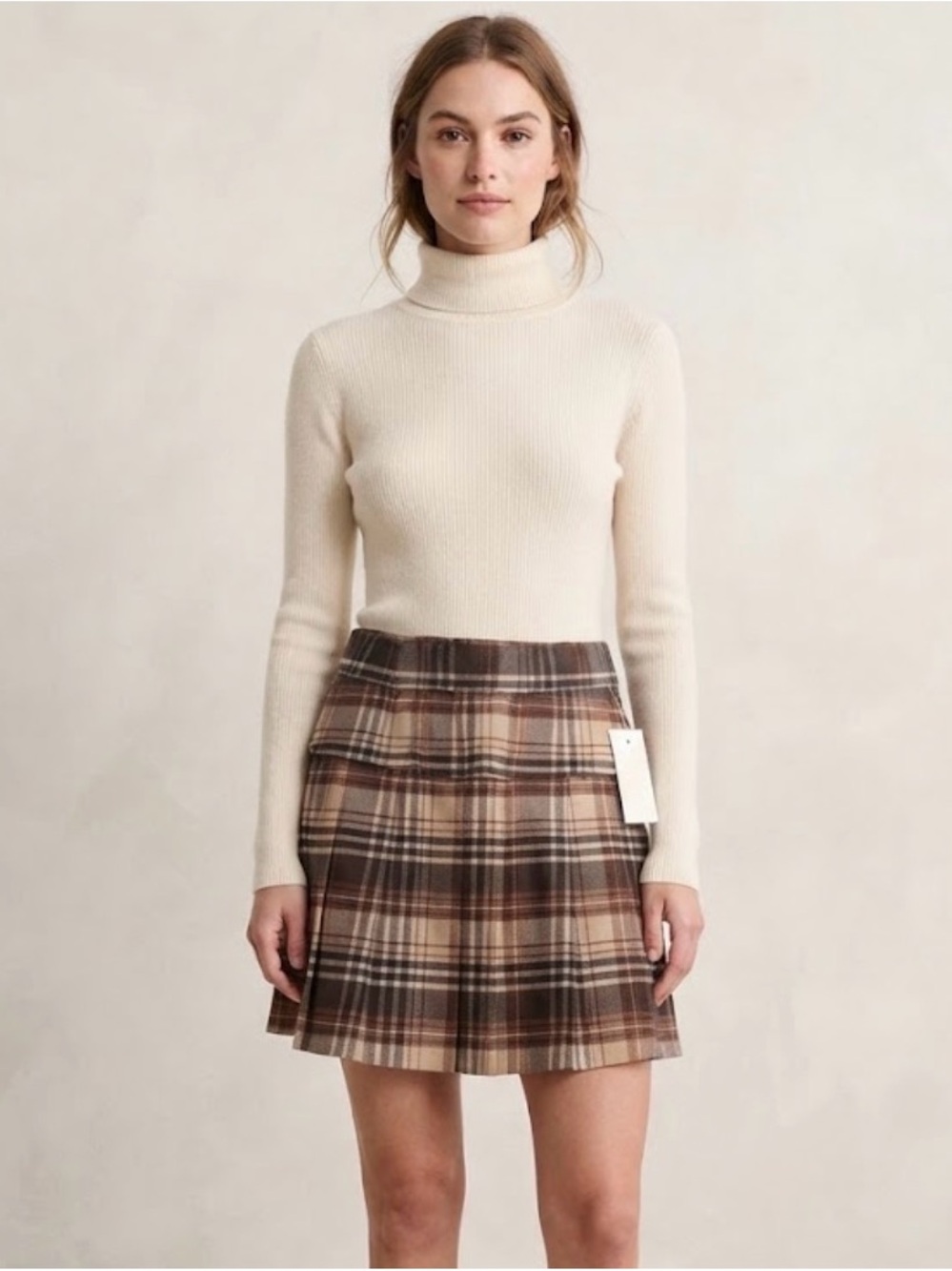 Pink Rose Brown Plaid Pleated Mini Skirt